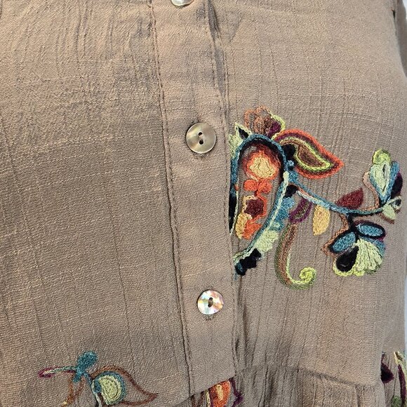 Fig & Flower Flowy Brown Dress Size Large Embroidered Paisley Sea Shell Buttons - Picture 6 of 12